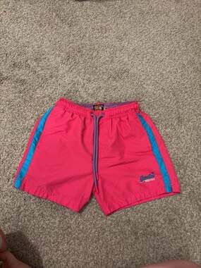 Superdry Pink Swim Shorts with Blue Side Stripes Size S